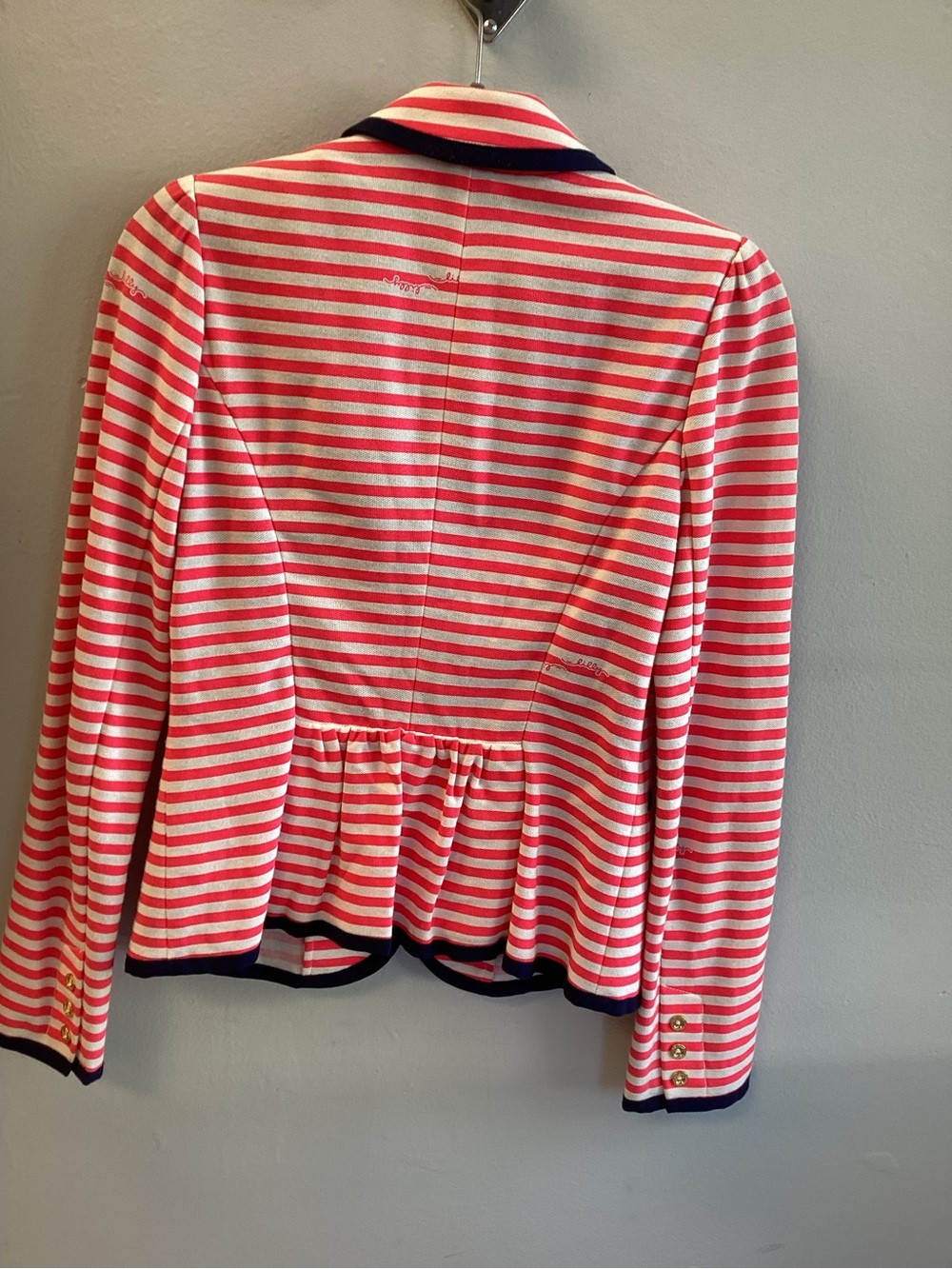Lilly Pulitzer Pink White Striped Peplum Blazer Jacket Navy Trim Small - Picture 4 of 4